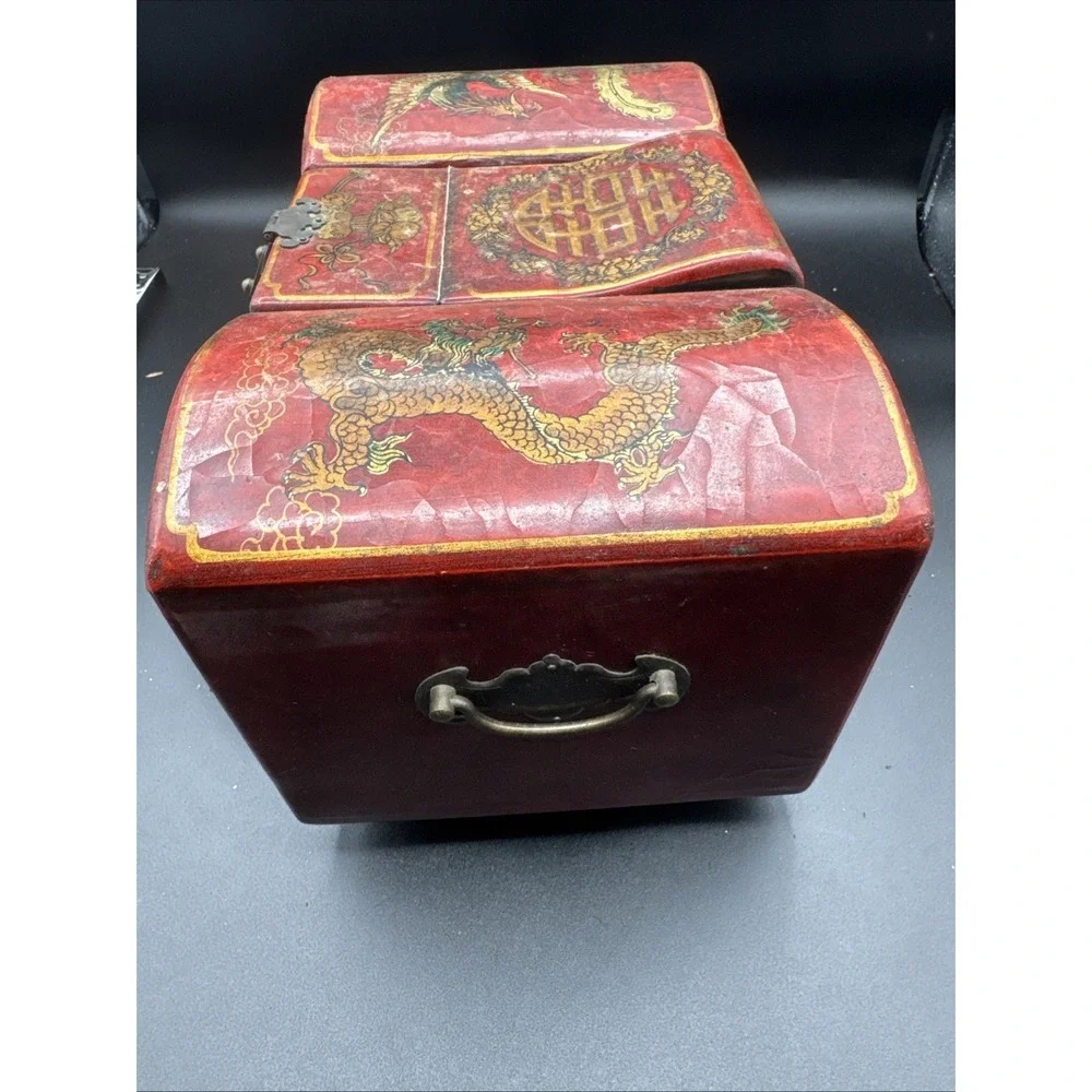 Vtg Mid Century Asian Red Lacquer Large Jewelry Box Mirror Dragon Chest RARE